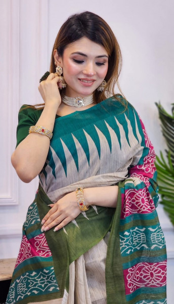 Banarasi Raw Silk Saree with Hand Print