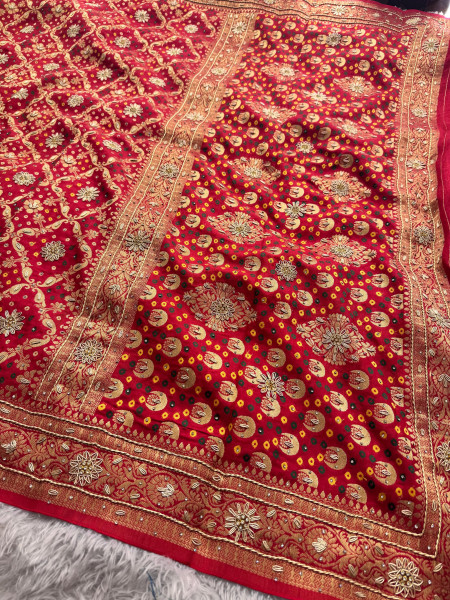 Pure Viscose Silk Banarasi Zardozi Handwork Work Bandhani Saree