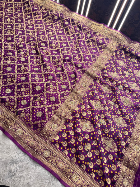 Pure Viscose Silk Banarasi Zardozi Handwork Work Bandhani Saree