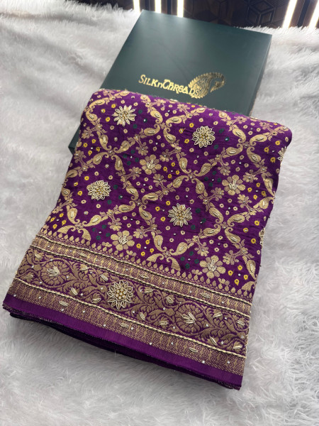 Pure Viscose Silk Banarasi Zardozi Handwork Work Bandhani Saree