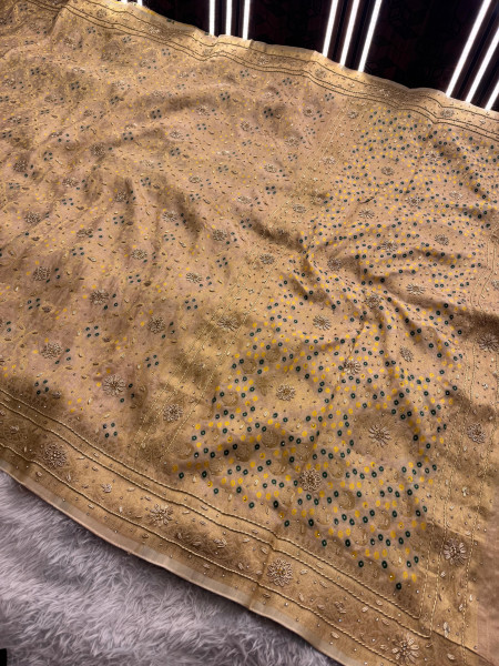 Pure Viscose Silk Banarasi Zardozi Handwork Work Bandhani Saree