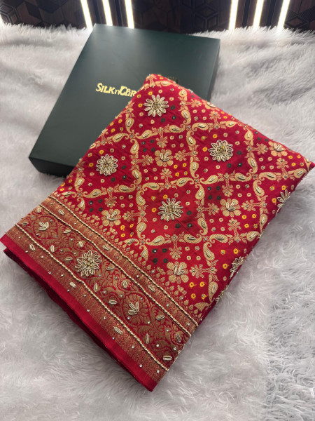 Pure Viscose Silk Banarasi Zardozi Handwork Work Bandhani Saree