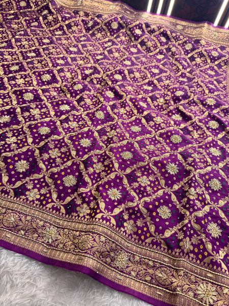 Pure Viscose Silk Banarasi Zardozi Handwork Work Bandhani Saree