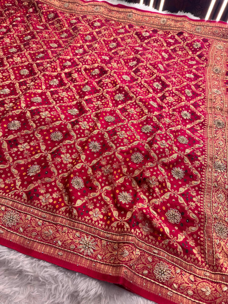 Pure Viscose Silk Banarasi Zardozi Handwork Work Bandhani Saree