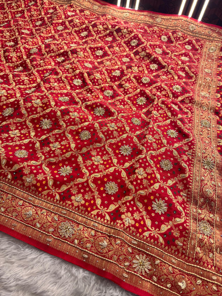 Pure Viscose Silk Banarasi Zardozi Handwork Work Bandhani Saree