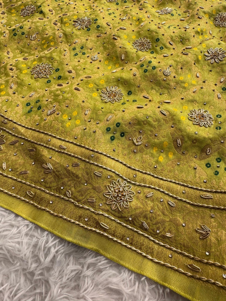 Pure Viscose Silk Banarasi Zardozi Handwork Work Bandhani Saree