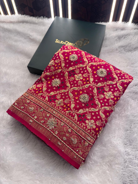 Pure Viscose Silk Banarasi Zardozi Handwork Work Bandhani Saree