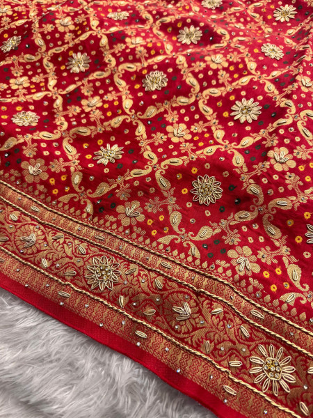 Pure Viscose Silk Banarasi Zardozi Handwork Work Bandhani Saree