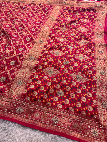 Pure Viscose Silk Banarasi Zardozi Handwork Work Bandhani Saree