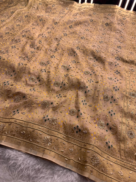 Pure Viscose Silk Banarasi Zardozi Handwork Work Bandhani Saree
