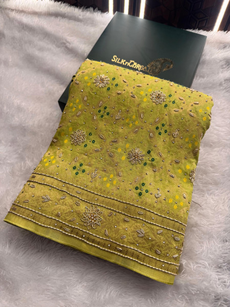 Pure Viscose Silk Banarasi Zardozi Handwork Work Bandhani Saree