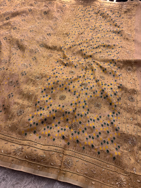 Pure Viscose Silk Banarasi Zardozi Handwork Work Bandhani Saree