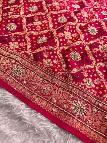 Pure Viscose Silk Banarasi Zardozi Handwork Work Bandhani Saree