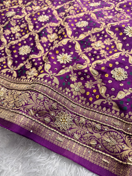 Pure Viscose Silk Banarasi Zardozi Handwork Work Bandhani Saree