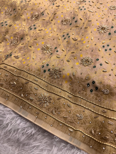 Pure Viscose Silk Banarasi Zardozi Handwork Work Bandhani Saree