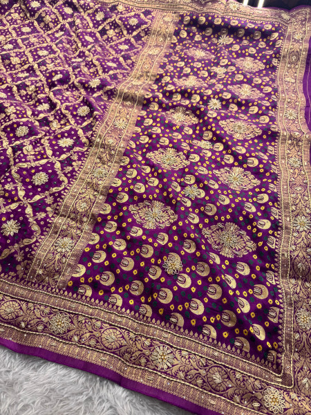 Pure Viscose Silk Banarasi Zardozi Handwork Work Bandhani Saree