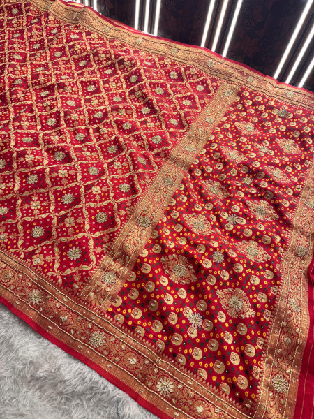 Pure Viscose Silk Banarasi Zardozi Handwork Work Bandhani Saree