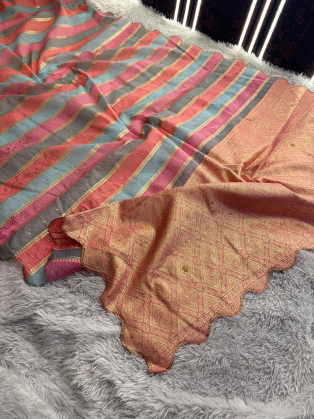 Cotton Linen Swarovski Crystal Saree with Scalloped Border