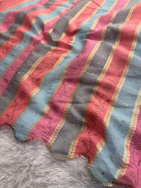 Cotton Linen Swarovski Crystal Saree with Scalloped Border