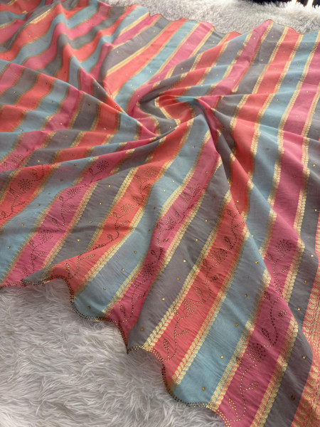 Cotton Linen Swarovski Crystal Saree with Scalloped Border