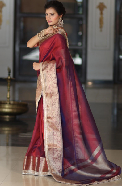 Premium Banarasi Tissue Silk Saree with Designer Red Zari Border