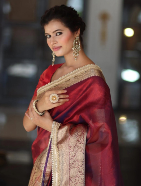 Premium Banarasi Tissue Silk Saree with Designer Red Zari Border