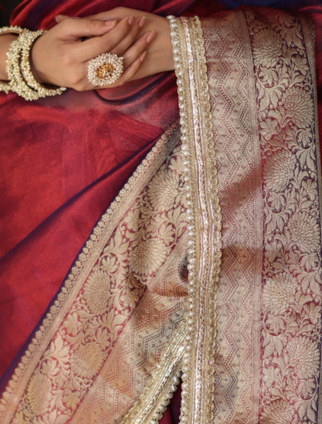 Premium Banarasi Tissue Silk Saree with Designer Red Zari Border