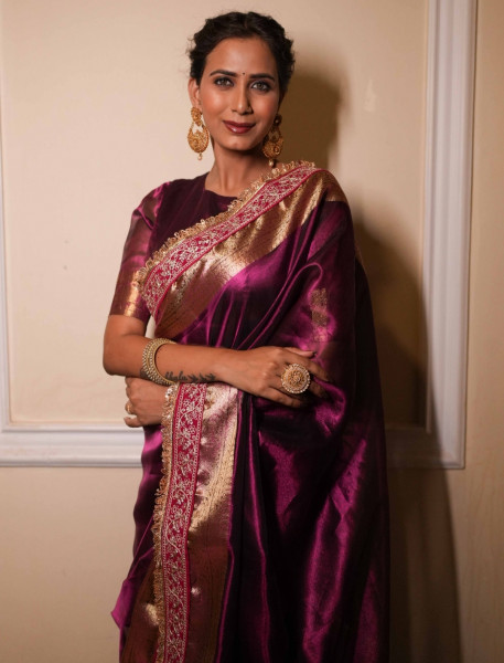 Premium Banarasi Tissue Silk Saree with Designer Red Zari Border