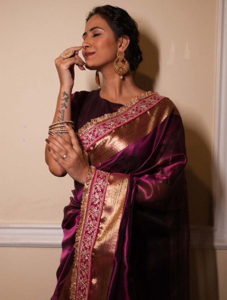 Premium Banarasi Tissue Silk Saree with Designer Red Zari Border