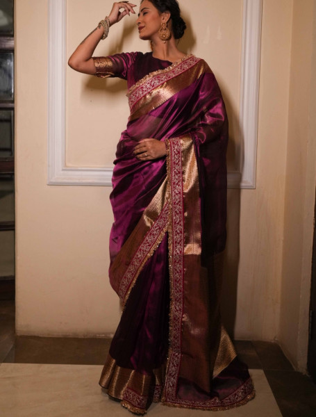 Premium Banarasi Tissue Silk Saree with Designer Red Zari Border
