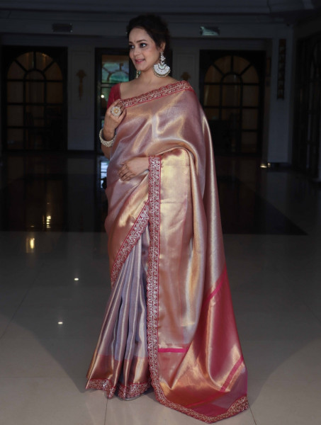 Premium Banarasi Tissue Silk Saree with Designer Red Zari Border
