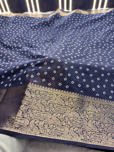 Premium Linen Silk Saree with Copper Zari Border and Bandhani Print