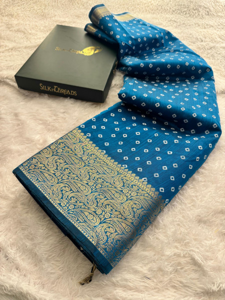 Premium Linen Silk Saree with Copper Zari Border and Bandhani Print