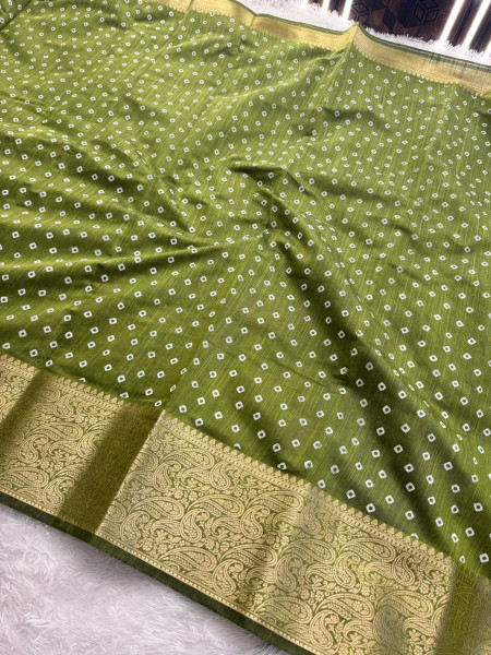 Premium Linen Silk Saree with Copper Zari Border and Bandhani Print