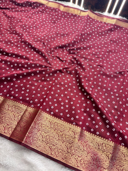 Premium Linen Silk Saree with Copper Zari Border and Bandhani Print