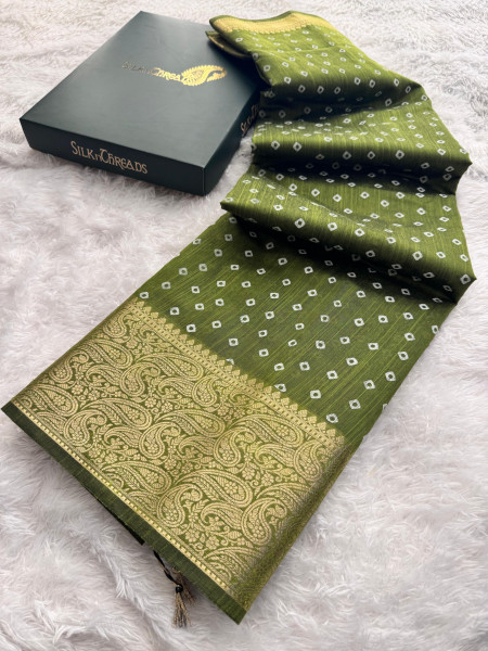 Premium Linen Silk Saree with Copper Zari Border and Bandhani Print