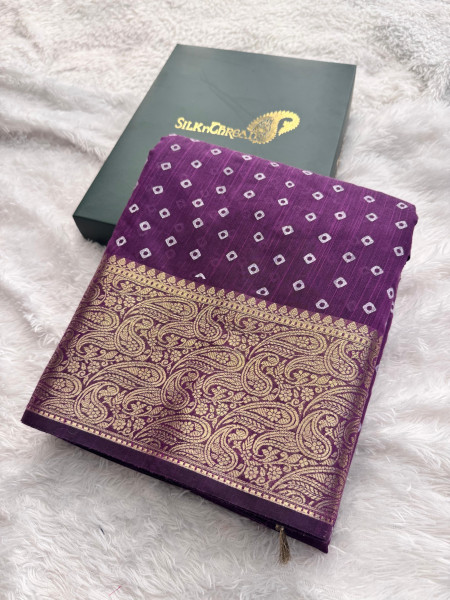 Premium Linen Silk Saree with Copper Zari Border and Bandhani Print