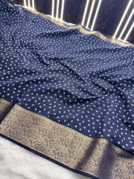 Premium Linen Silk Saree with Copper Zari Border and Bandhani Print