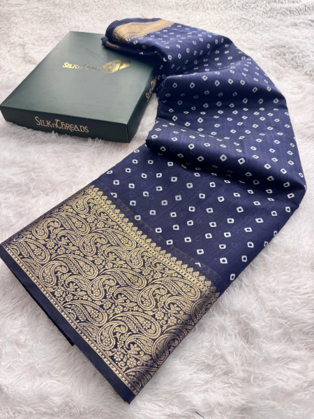 Premium Linen Silk Saree with Copper Zari Border and Bandhani Print