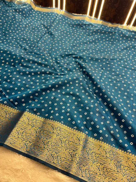 Premium Linen Silk Saree with Copper Zari Border and Bandhani Print