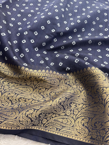 Premium Linen Silk Saree with Copper Zari Border and Bandhani Print