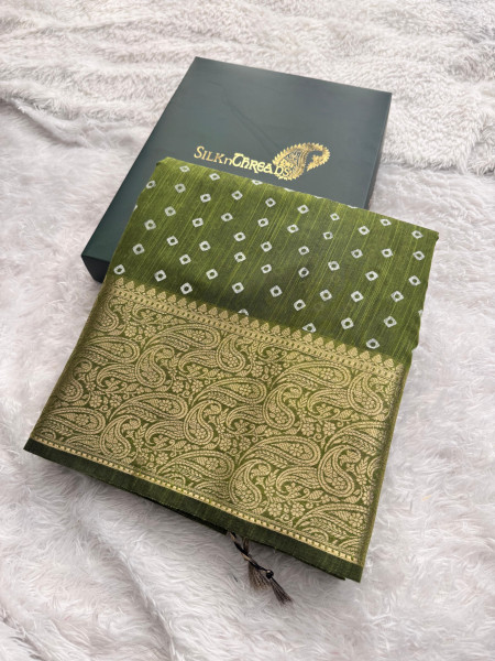 Premium Linen Silk Saree with Copper Zari Border and Bandhani Print