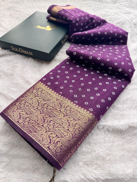 Premium Linen Silk Saree with Copper Zari Border and Bandhani Print