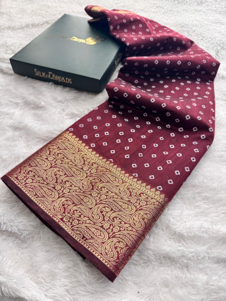 Premium Linen Silk Saree with Copper Zari Border and Bandhani Print