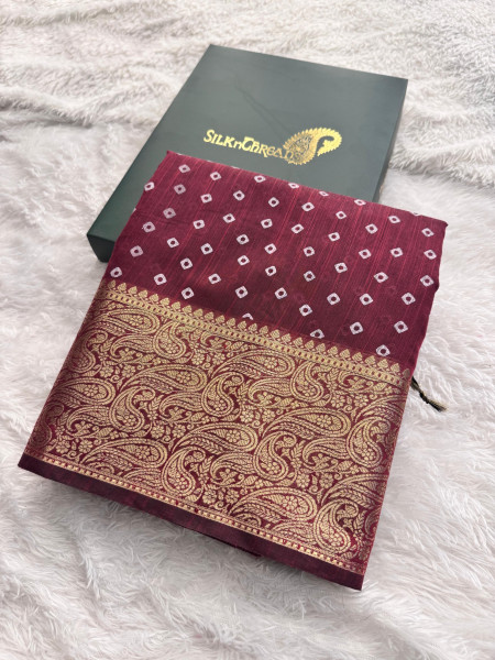 Premium Linen Silk Saree with Copper Zari Border and Bandhani Print