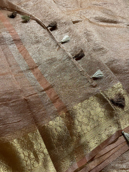 Banarasi Pure Tissue Silk Saree With Hand Crush Pattern and Tassels