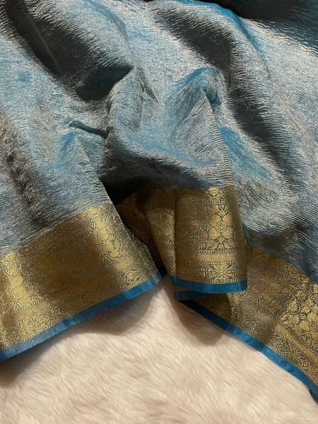 Banarasi Pure Tissue Silk Saree With Hand Crush Pattern and Tassels