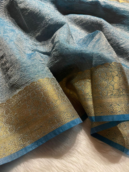Banarasi Pure Tissue Silk Saree With Hand Crush Pattern and Tassels