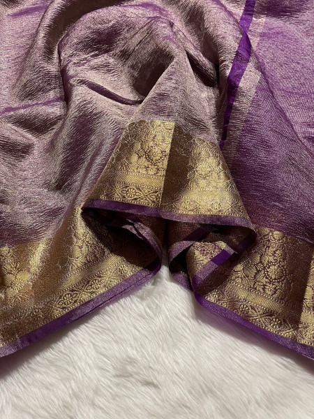 Banarasi Pure Tissue Silk Saree With Hand Crush Pattern and Tassels
