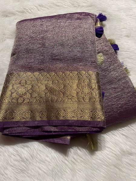Banarasi Pure Tissue Silk Saree With Hand Crush Pattern and Tassels